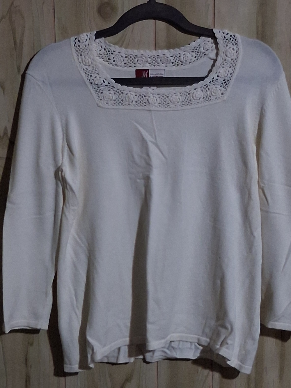 JM Collection Cream Crochet Trim Long Sleeve Top